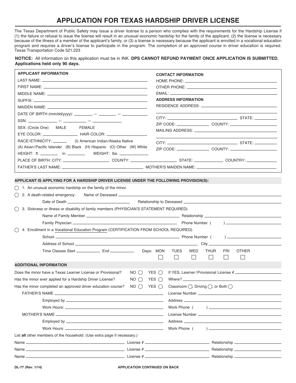 Form DL-77 Application for Texas Hardship Driver License - Texas, Page 1