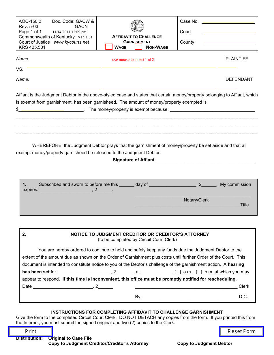Form AOC-150.2 Affidavit to Challenge Garnishment - Wage / Non-wage - Kentucky, Page 1