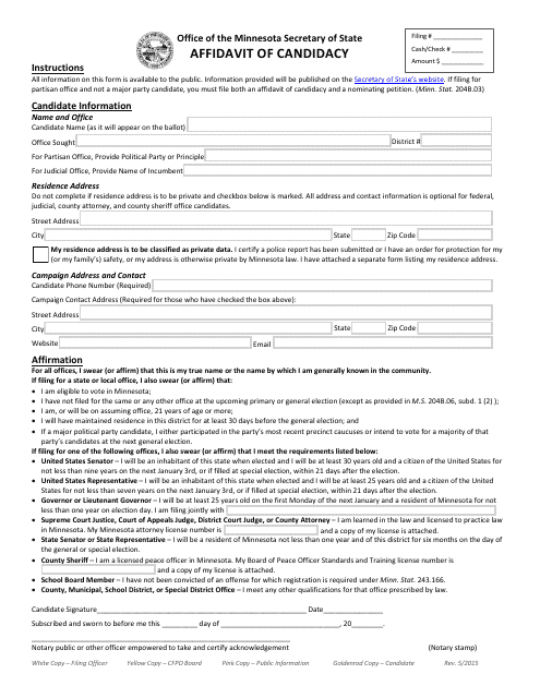 Affidavit of Candidacy - Minnesota Download Pdf