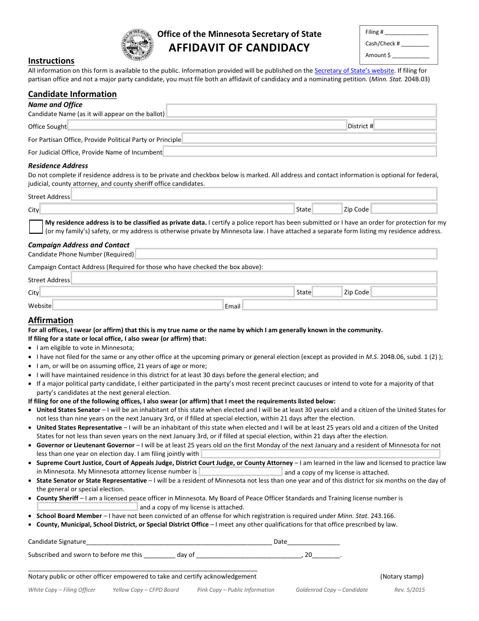 Minnesota Affidavit of Candidacy - Fill Out, Sign Online and Download ...