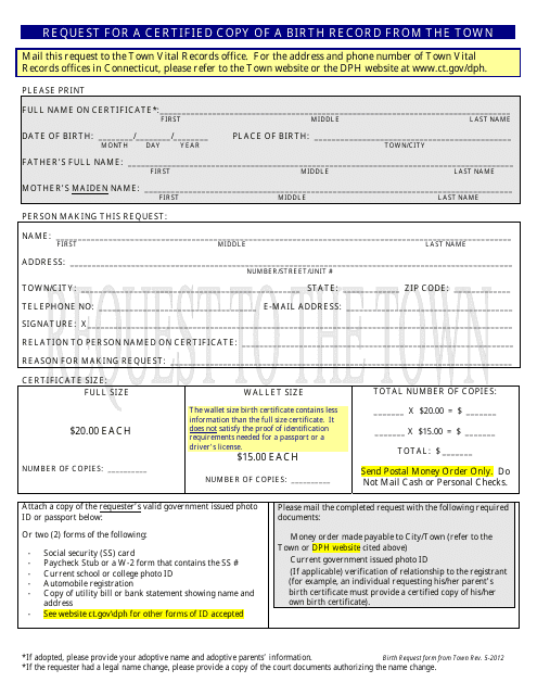 Request for a Certified Copy of a Birth Record From the Town - Connecticut Download Pdf
