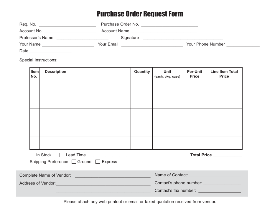 Purchase Order Request Form - Table, Page 1