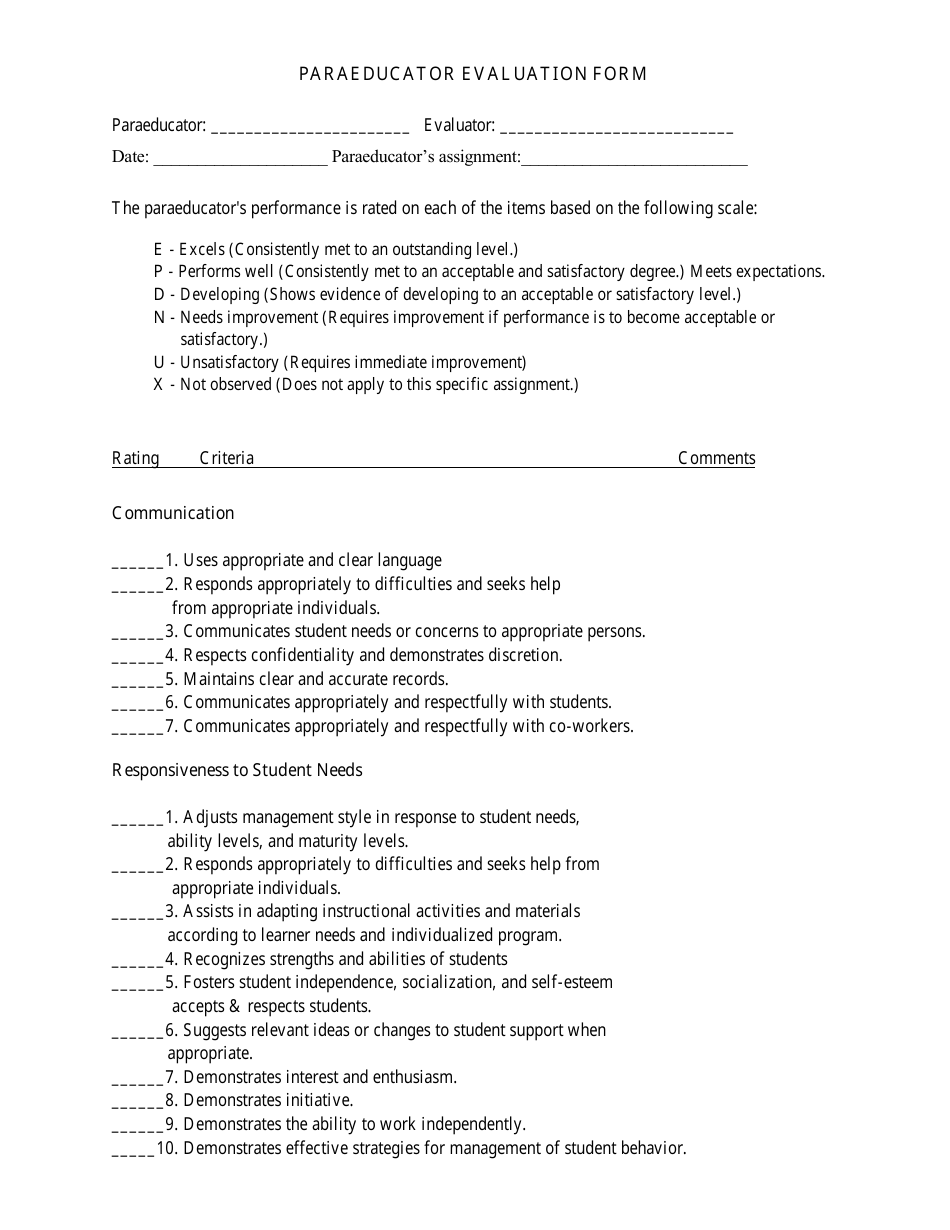 Paraeducator Evaluation Form, Page 1