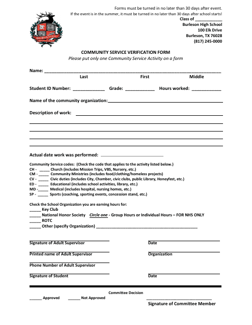 Community Service Verification Form - Burleson High School Download Pdf