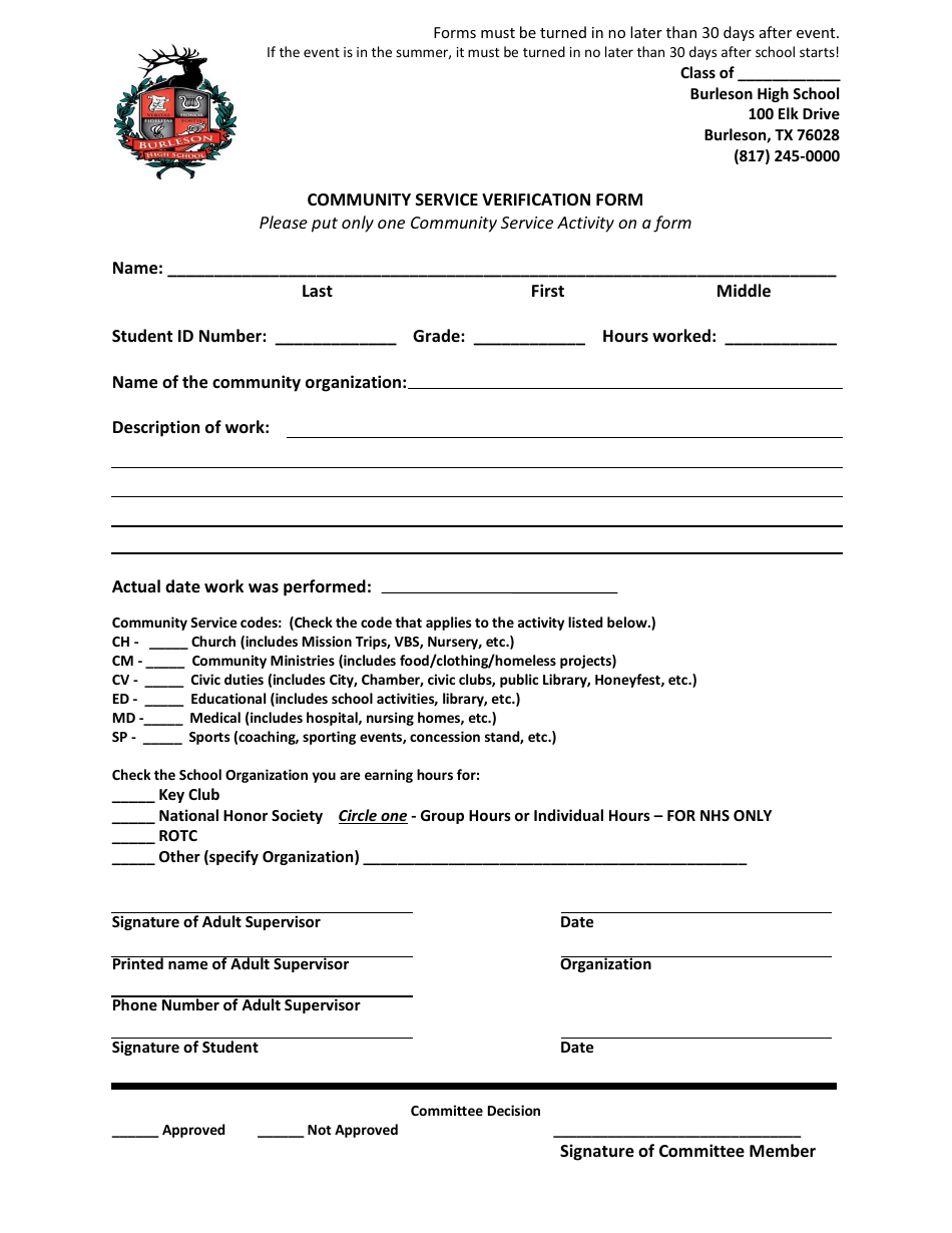 Community Service Verification Form - Burleson High School, Page 1