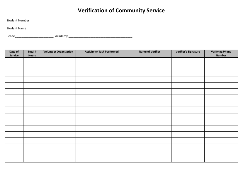 Verification of Community Service Template Document Preview