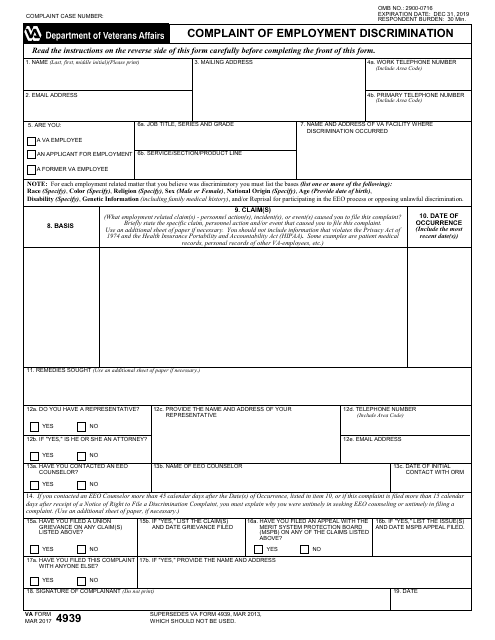 VA Form 4939  Printable Pdf