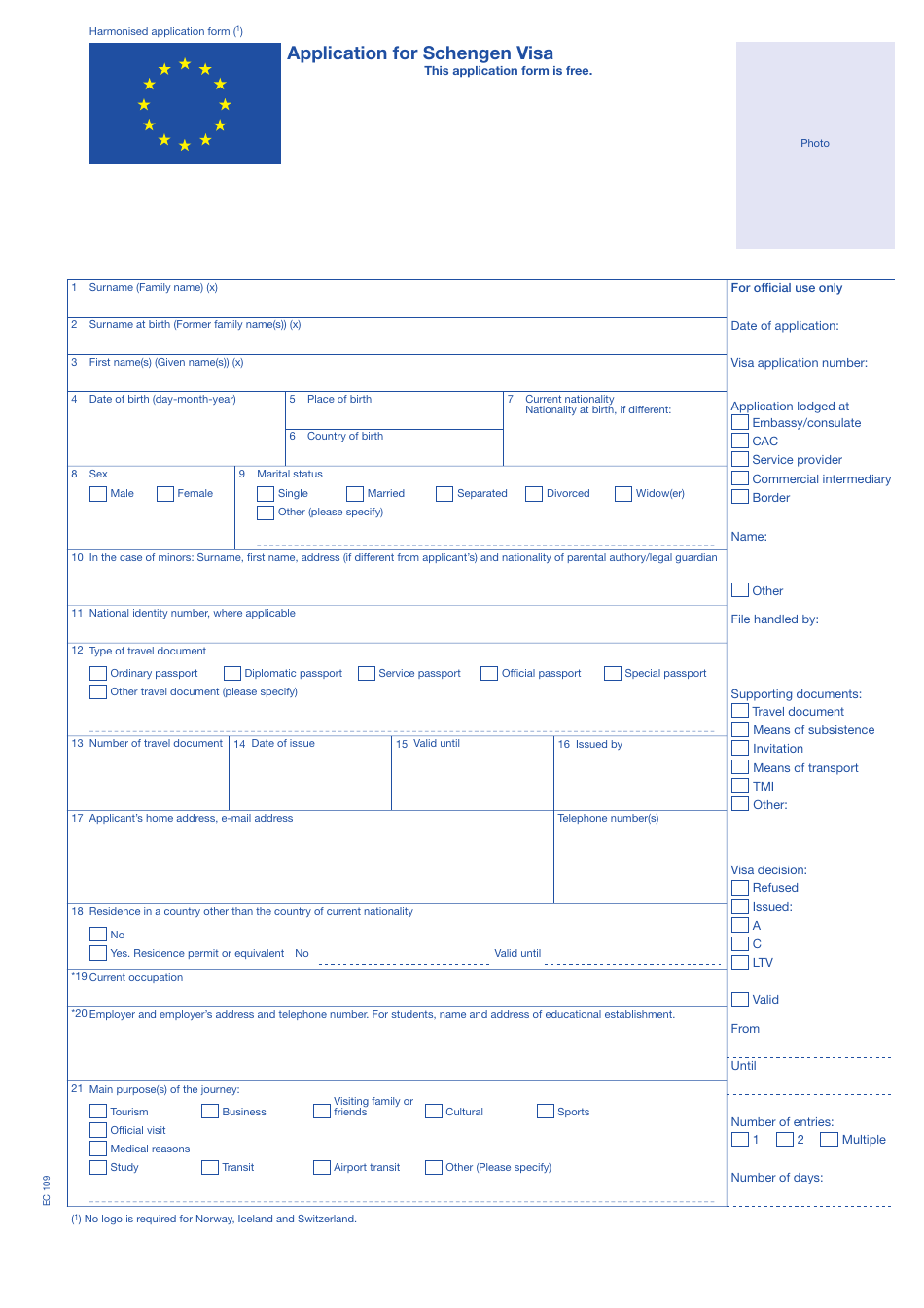 Schengen Visa Application Form - Finland, Page 1
