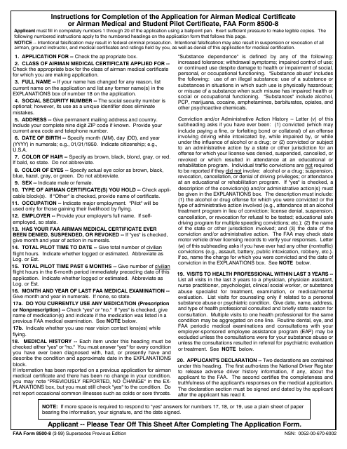 FAA Form 8500-8 Application for Airman Medical Certificate