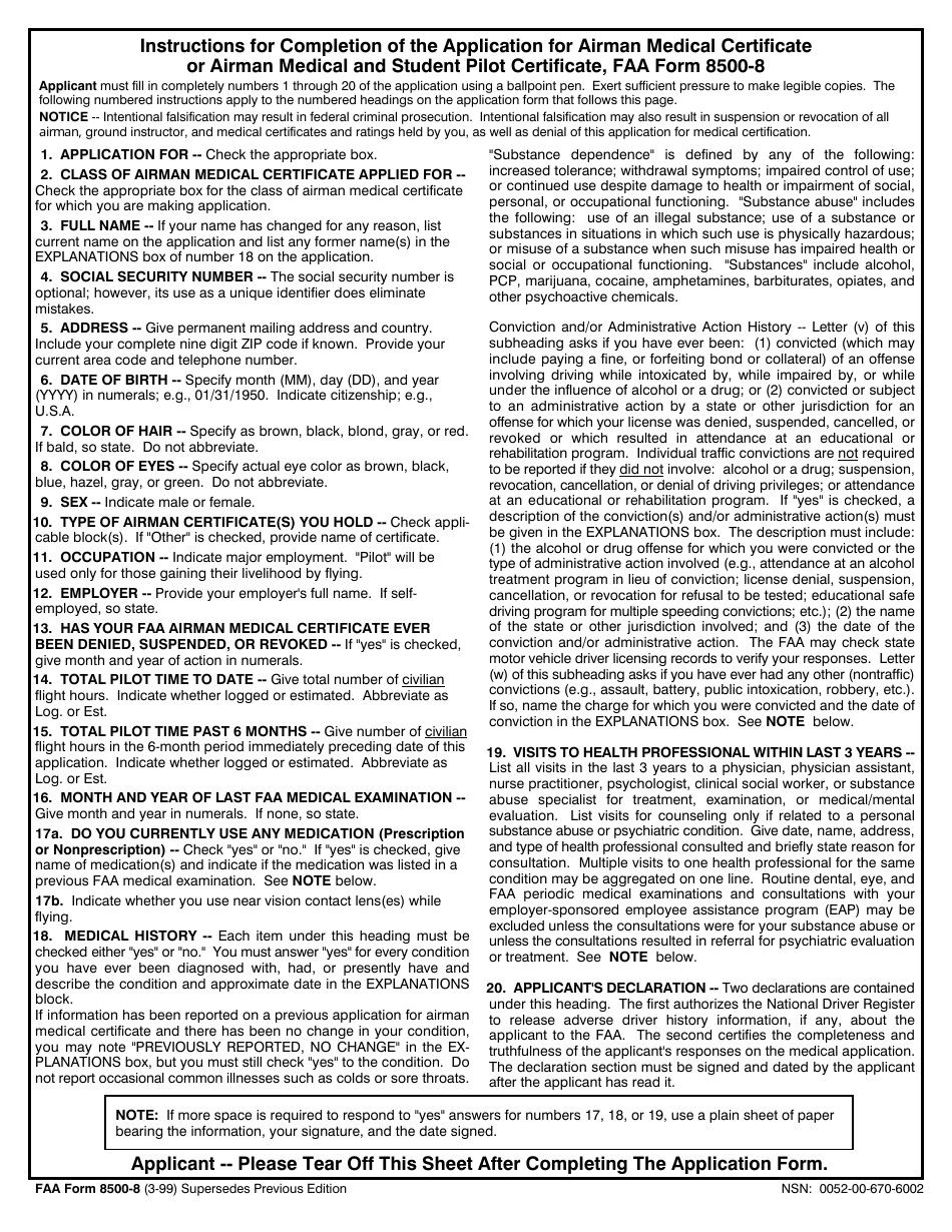 FAA Form 8500-8 Application for Airman Medical Certificate, Page 1