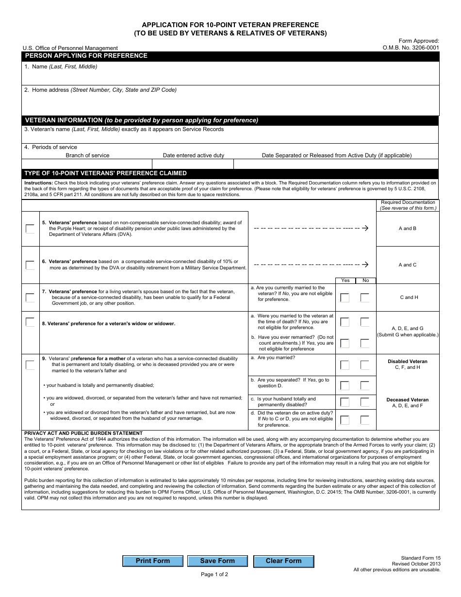 Form SF-15 Application for 10-point Veteran Preference, Page 1