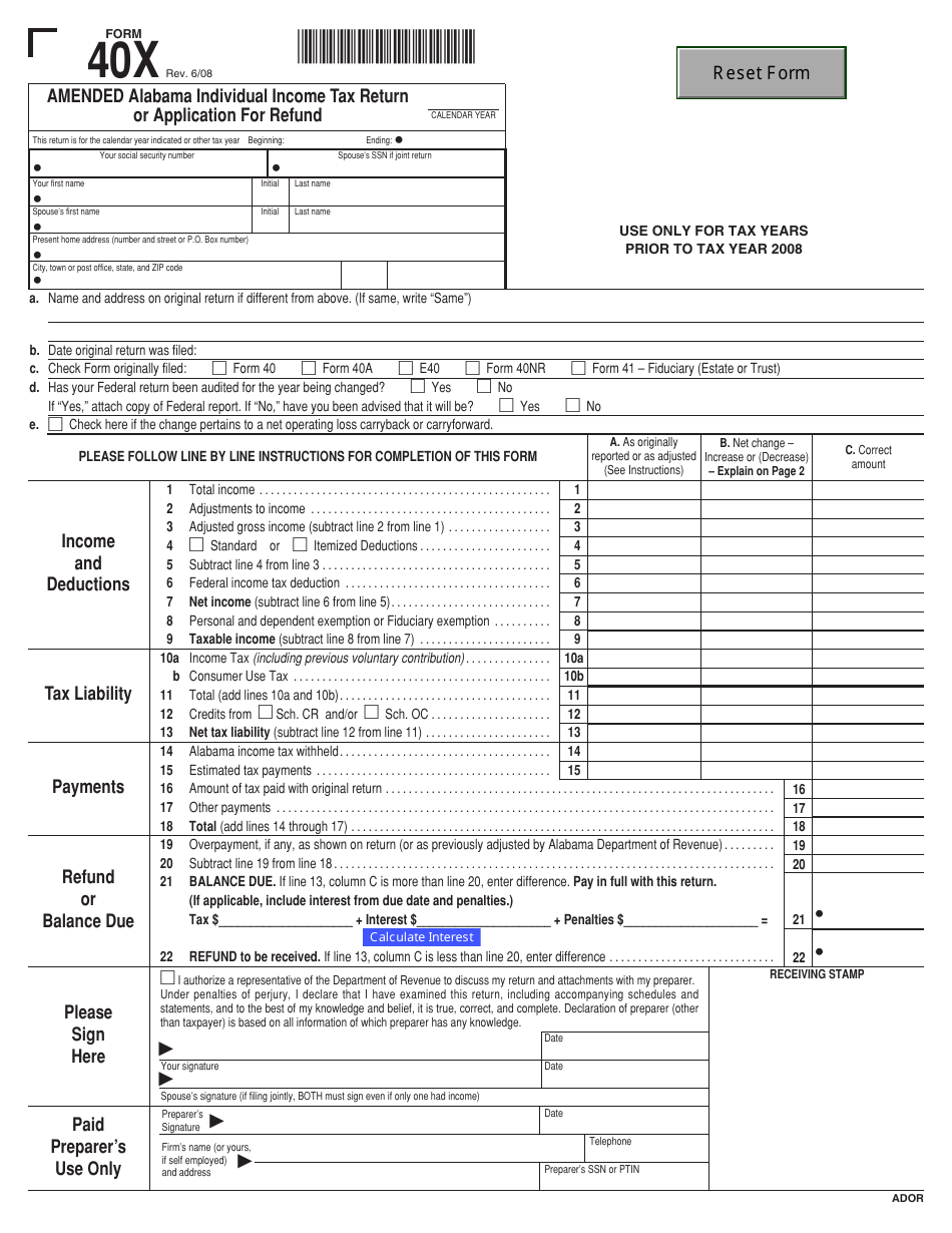 Form 40X Amended Alabama Individual Income Tax Return or Application for Refund - Alabama, Page 1