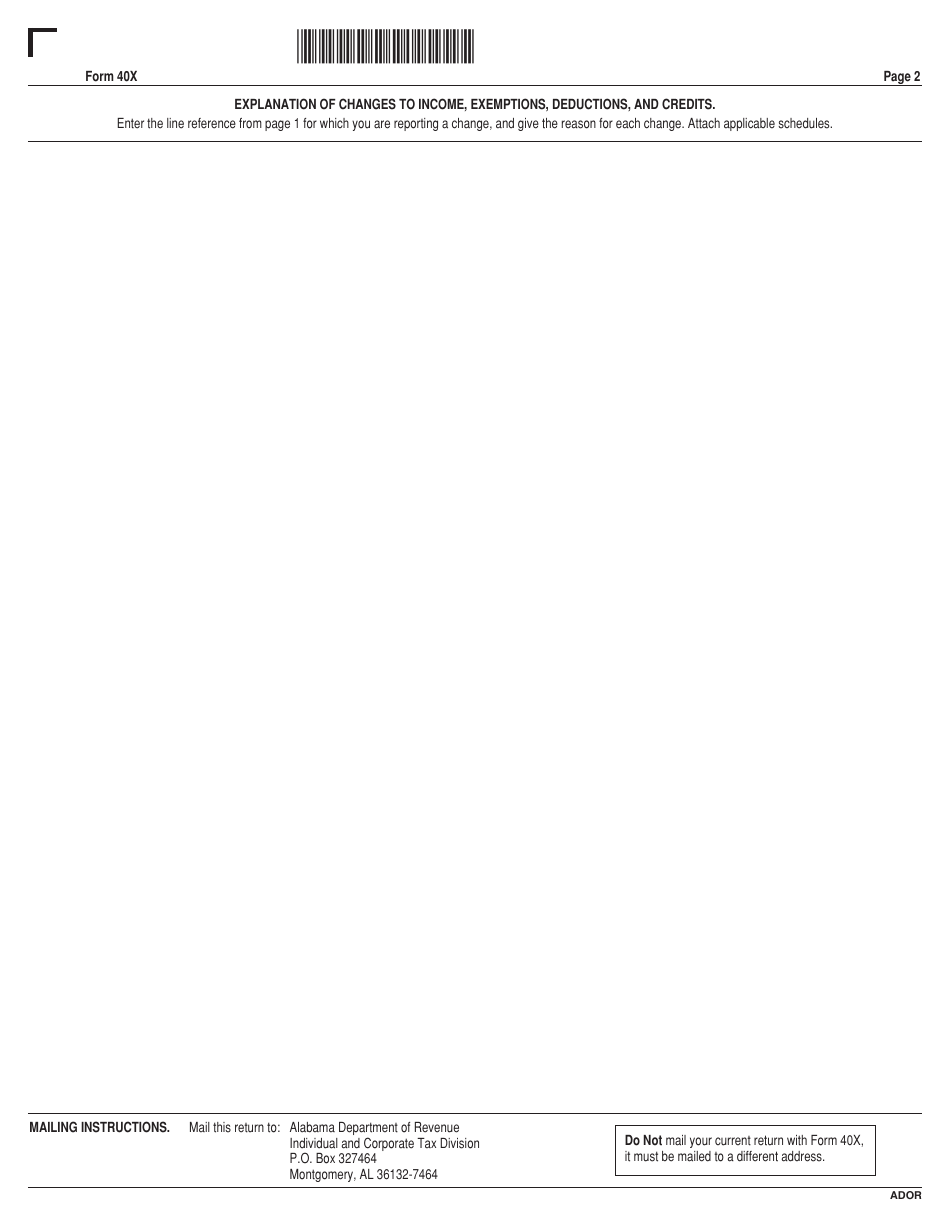 Form 40X Amended Alabama Individual Income Tax Return or Application for Refund - Alabama, Page 2