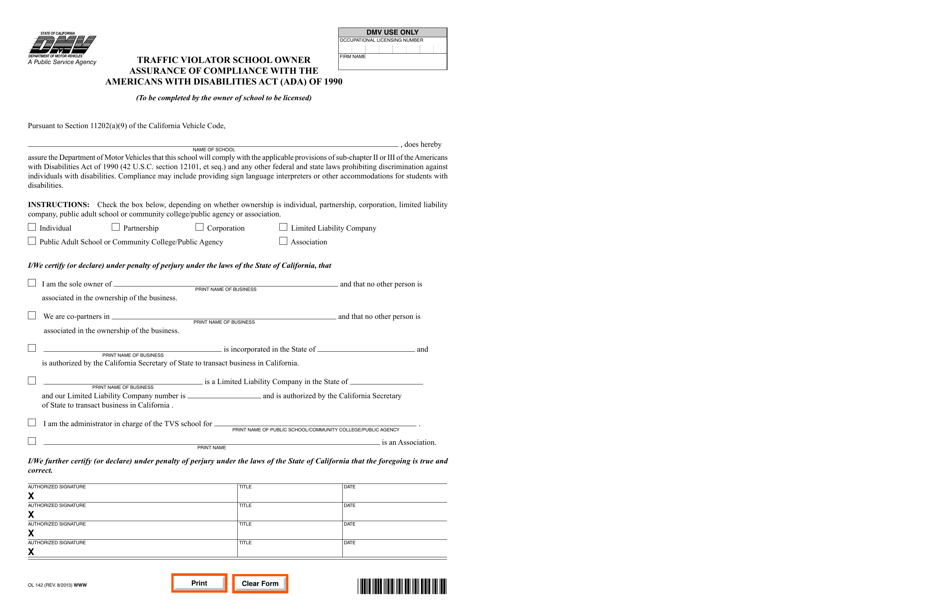 Form OL142 Traffic Violator School Owner Assurance of Compliance With the Americans With Disabilities Act (Ada) of 1990 - California, Page 1