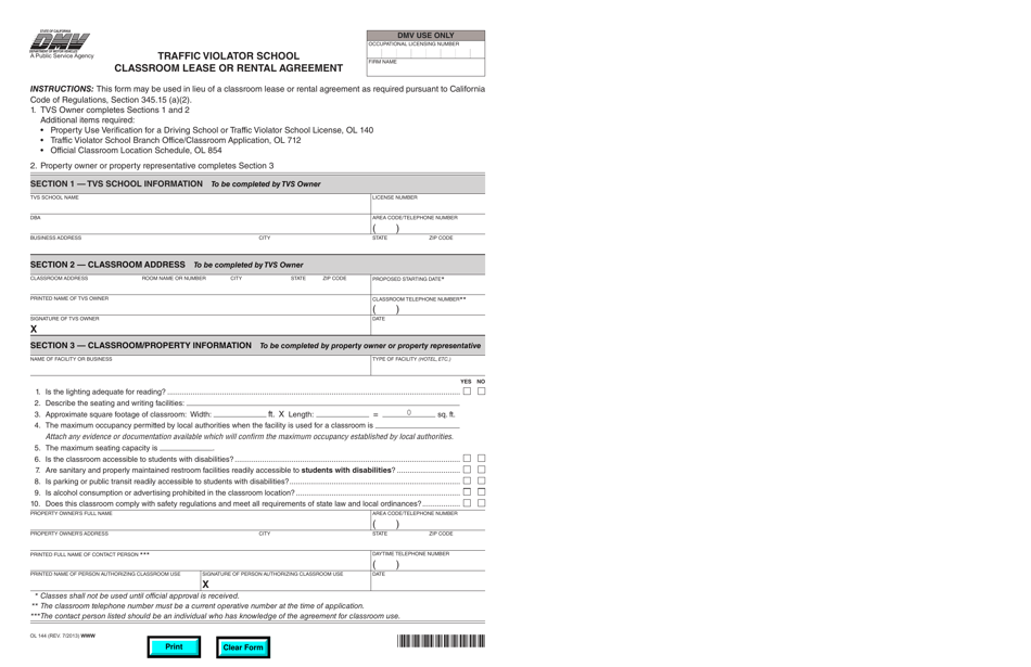 Form OL144 Traffic Violator School Classroom Lease or Rental Agreement - California, Page 1