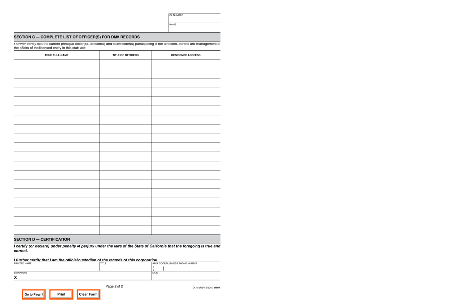 Form OL15 Corporate Officer and / or Director Change - California, Page 2