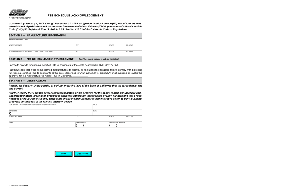 Form OL160 Fee Schedule Acknowledgement - California