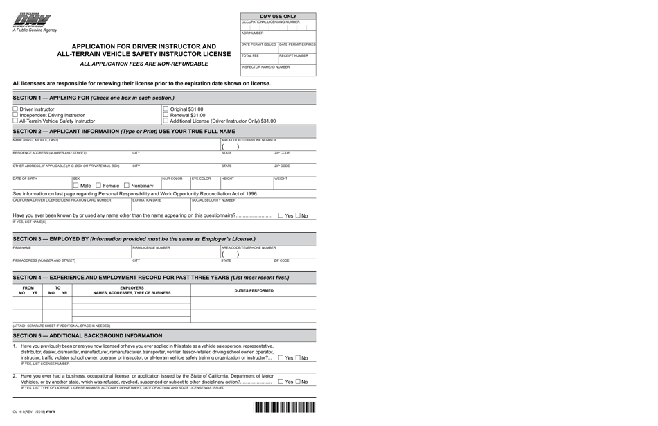 Form OL16I Application for Driver Instructor and All-terrain Vehicle Safety Instructor License - California, Page 1