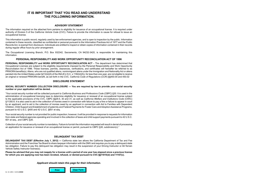 Form OL16I Application for Driver Instructor and All-terrain Vehicle Safety Instructor License - California, Page 3