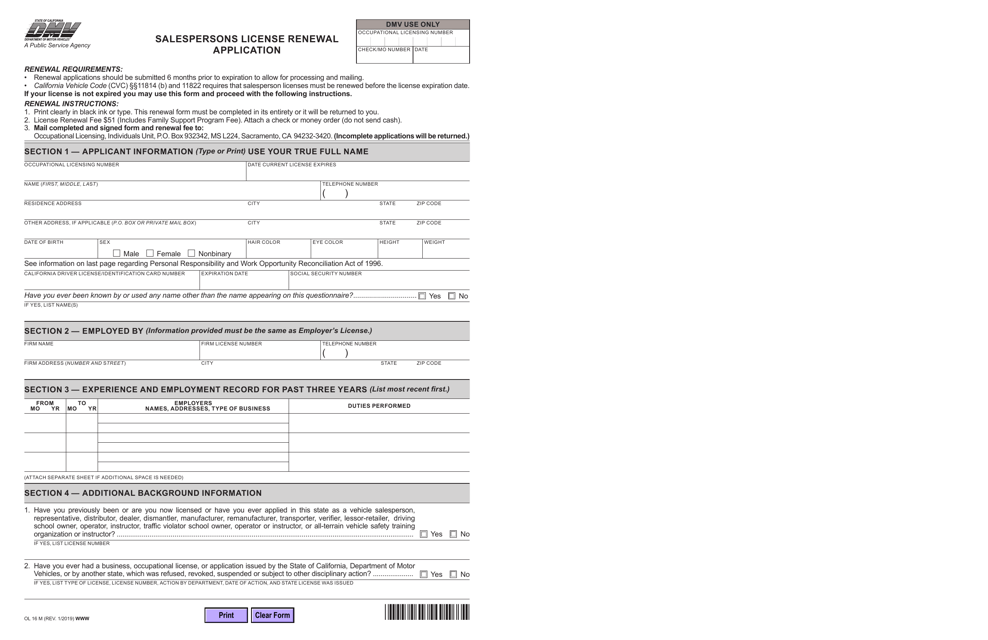 Form OL16M Salesperson License Renewal Application - California