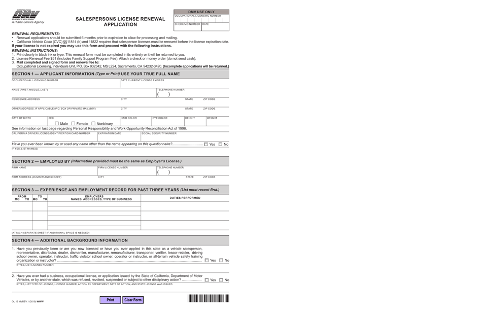 Form OL16M Salesperson License Renewal Application - California, Page 1