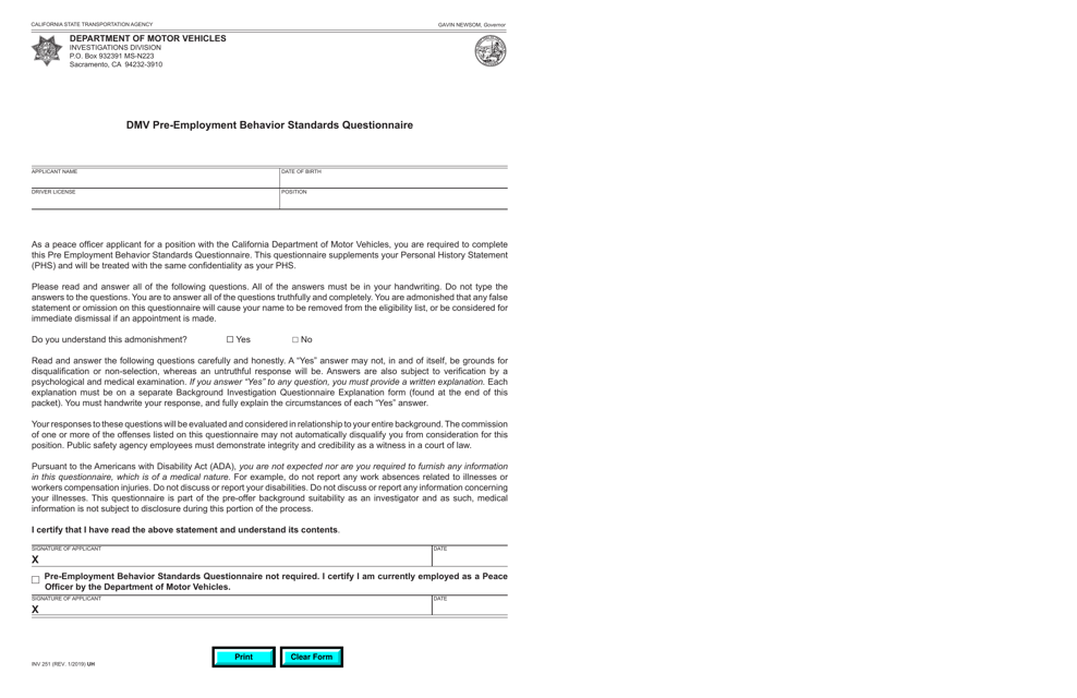 Form INV251 DMV Pre-employment Behavior Standards Questionnaire - California