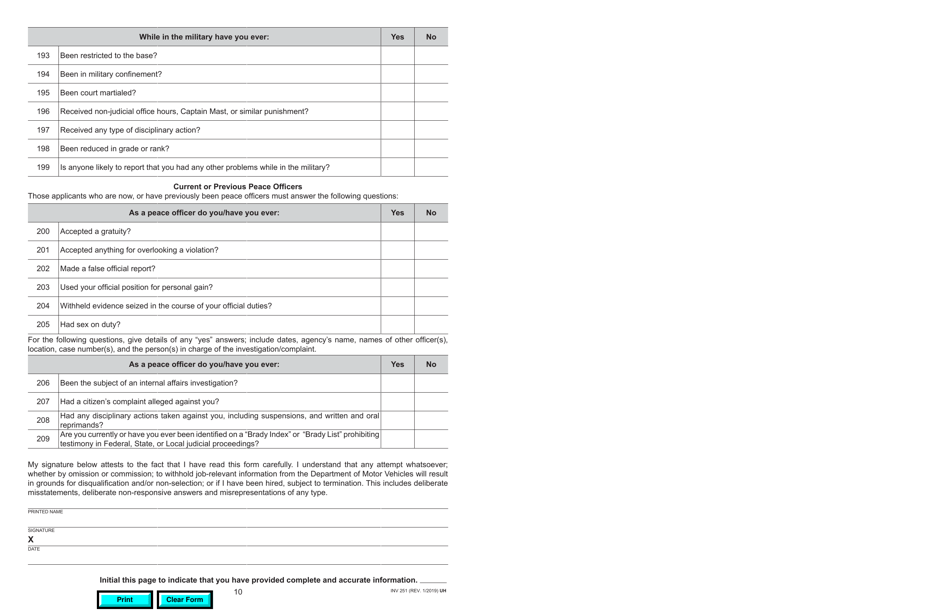 Form INV251 DMV Pre-employment Behavior Standards Questionnaire - California, Page 10