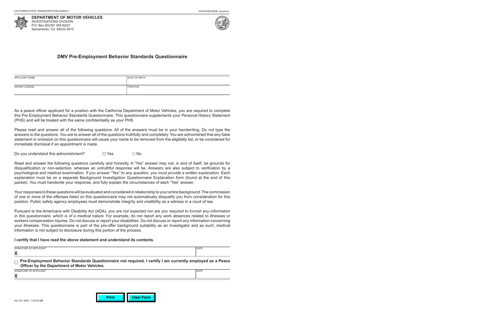 Form INV251 DMV Pre-employment Behavior Standards Questionnaire - California, Page 1