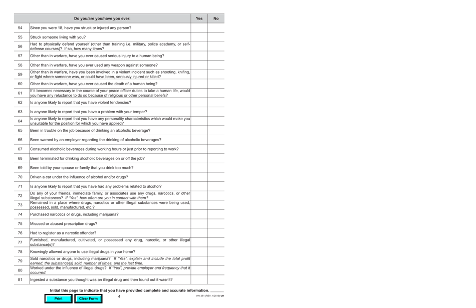 Form INV251 DMV Pre-employment Behavior Standards Questionnaire - California, Page 4
