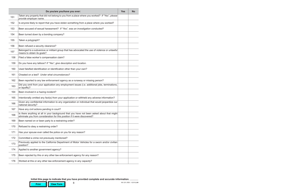 Form INV251 DMV Pre-employment Behavior Standards Questionnaire - California, Page 8