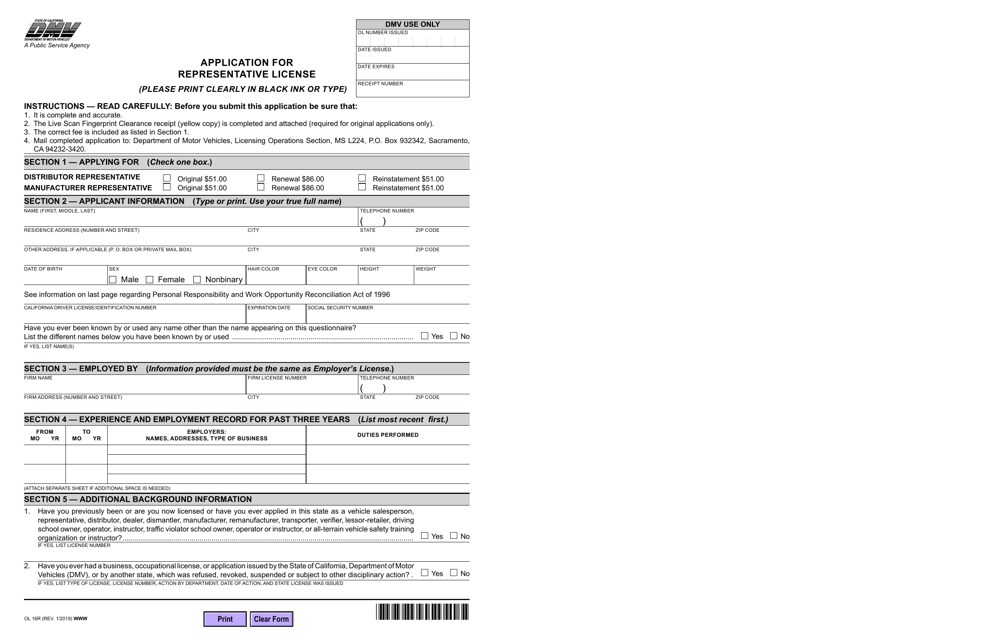 Form OL16R Application for Representative License - California