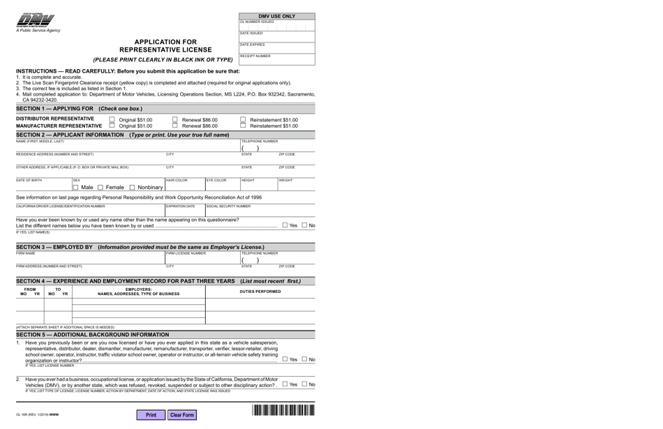 Form OL16R Application for Representative License - California, Page 1