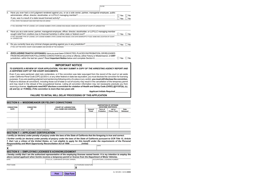 Form OL16R Application for Representative License - California, Page 2