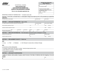 Form OL18 &quot;Application for a Duplicate or Corrected Vehicle Salesperson License&quot; - California