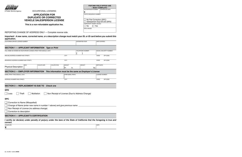 Form OL18 Application for a Duplicate or Corrected Vehicle Salesperson License - California, Page 1