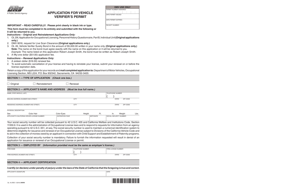 Form OL19 Application for Vehicle Verifiers Permit - California, Page 1