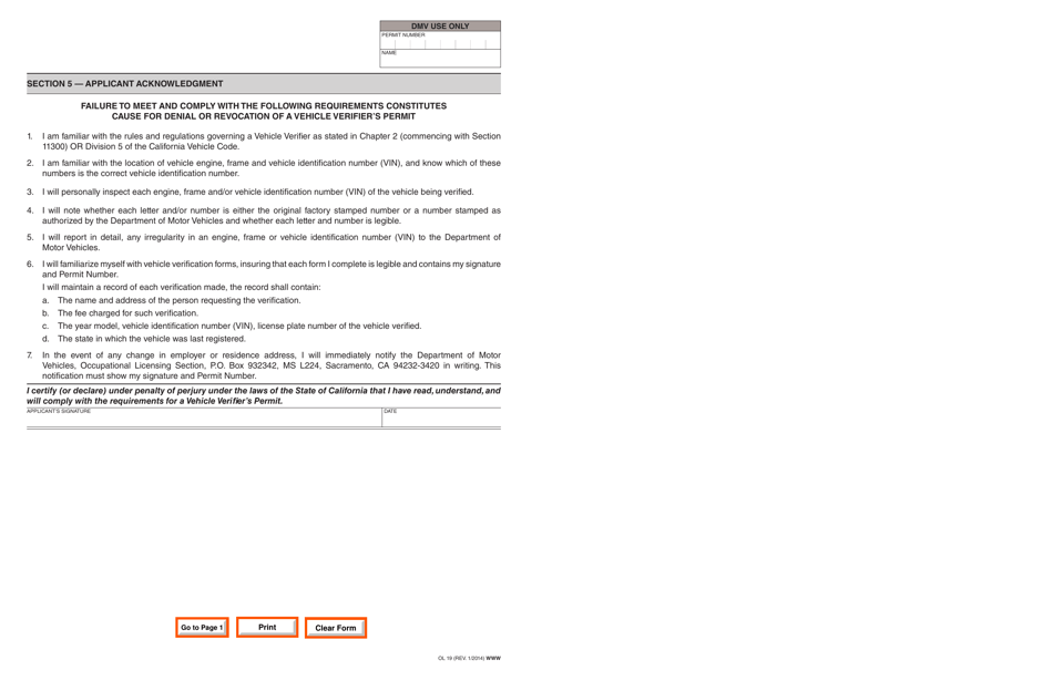 Form OL19 Application for Vehicle Verifiers Permit - California, Page 2