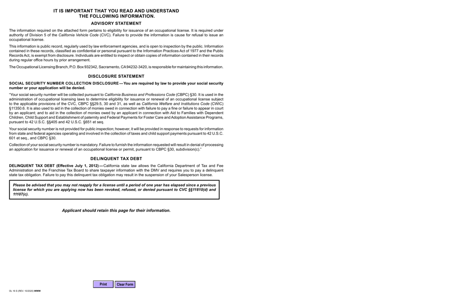 Form OL16S Application for Salespersons License - California, Page 3