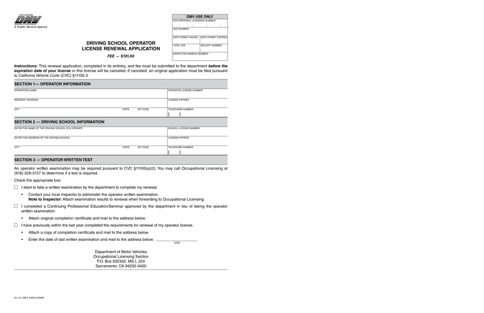 Form OL211 Driving School Operator License Renewal Application - California, Page 1