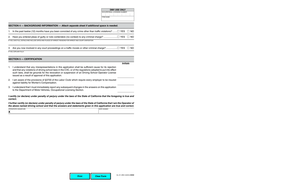 Form OL211 Driving School Operator License Renewal Application - California, Page 2