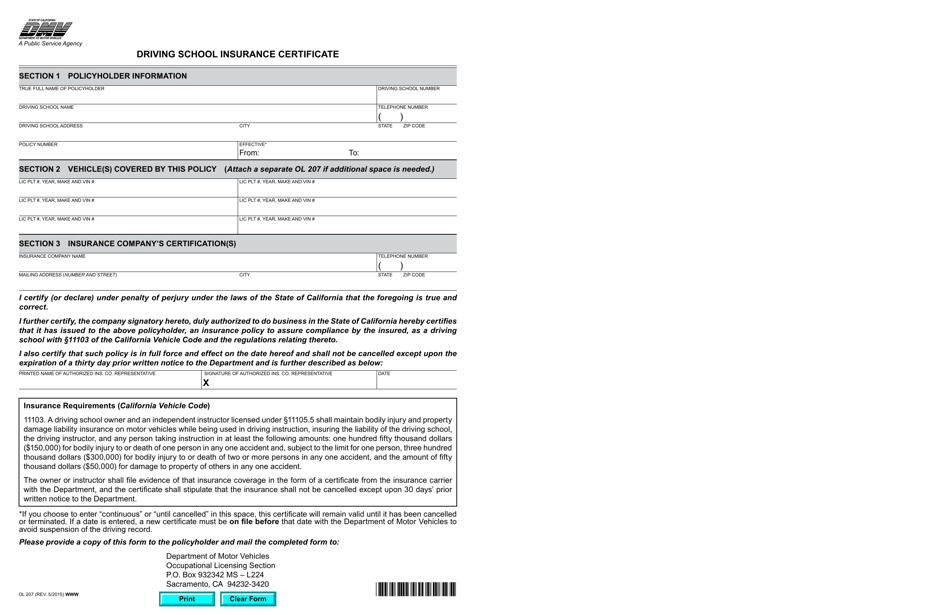 Form OL207 Driving School Insurance Certificate - California, Page 1