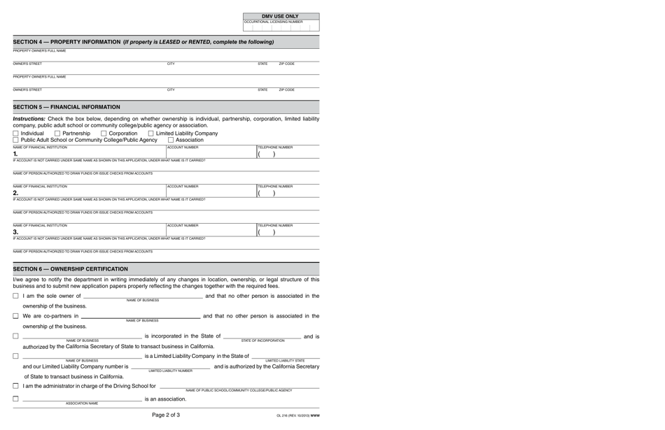 Form OL216 Application for Occupational License - California, Page 2