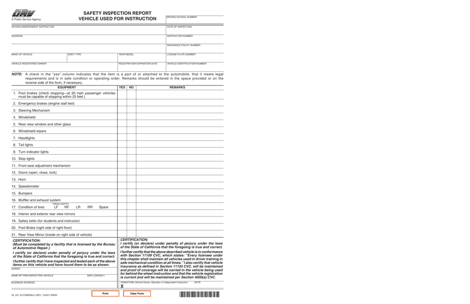 Form OL221A Safety Inspection Report - Vehicle Used for Instruction - California, Page 1