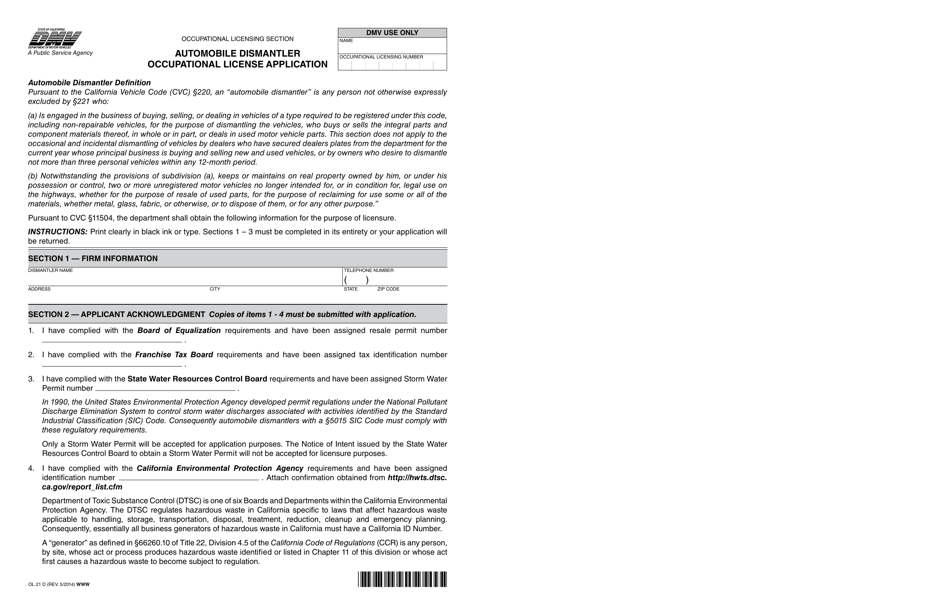 Form OL21D Automobile Dismantler Occupational License Application - California, Page 1