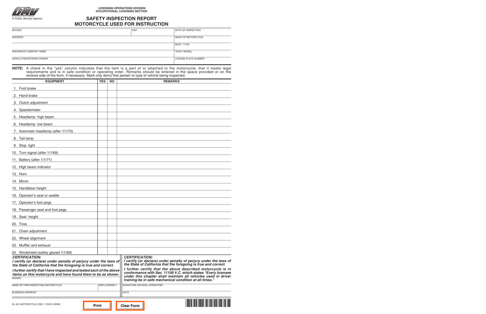 Form OL221M Safety Inspection Report - Motorcycle Used for Instruction - California