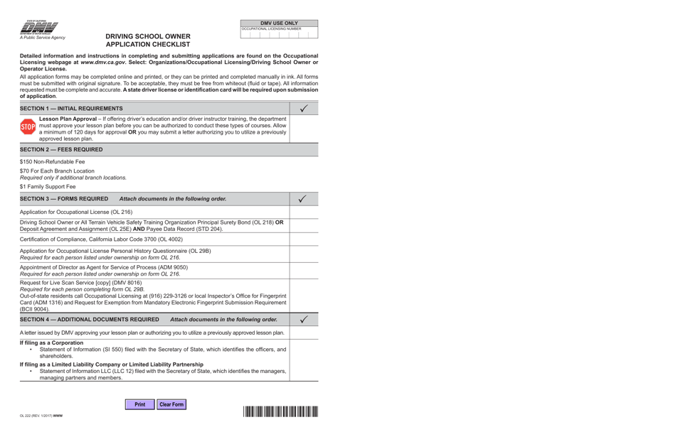 Form OL222 Driving School Owner Application Checklist - California, Page 1