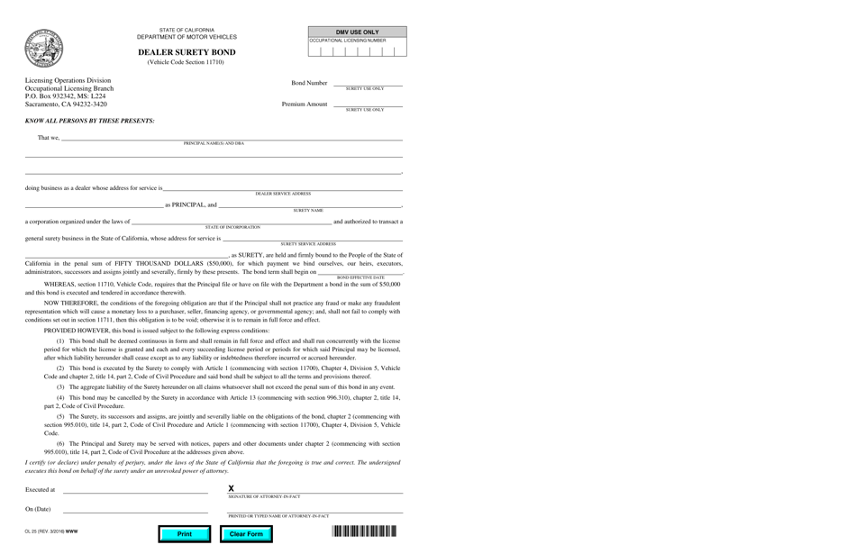Form OL25 Dealer Surety Bond - California, Page 1