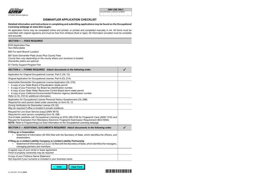 Form OL249A Dismantler Application Checklist - California, Page 1