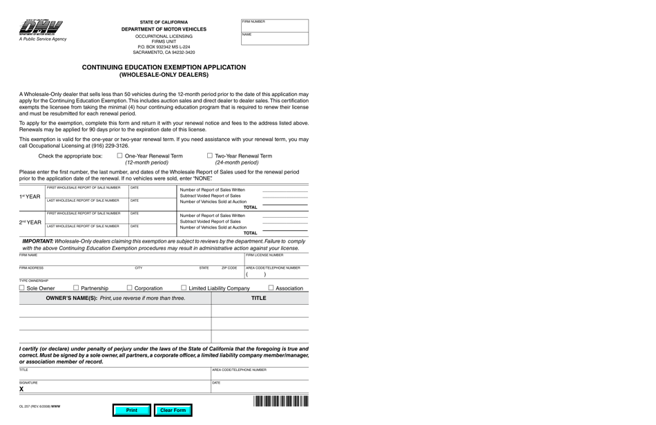 Form OL257 Continuing Education Exemption Application (Wholesale-Only Dealers) - California, Page 1