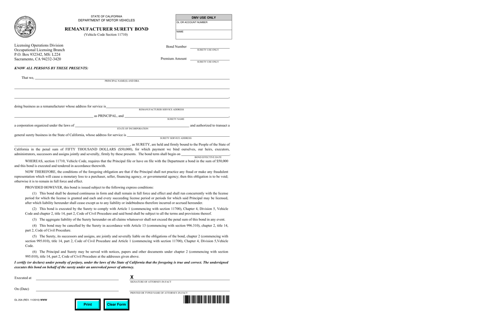 Form OL25A Remanufacturer Surety Bond - California, Page 1